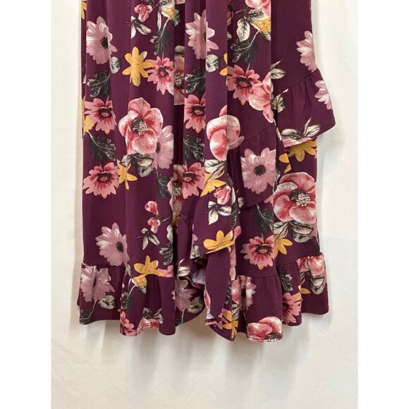 DOWNEAST Dress L Burgundy Wine Fall Fairy Ruffled Floral Cottagecore Faux Wrap - Picture 3 of 13
